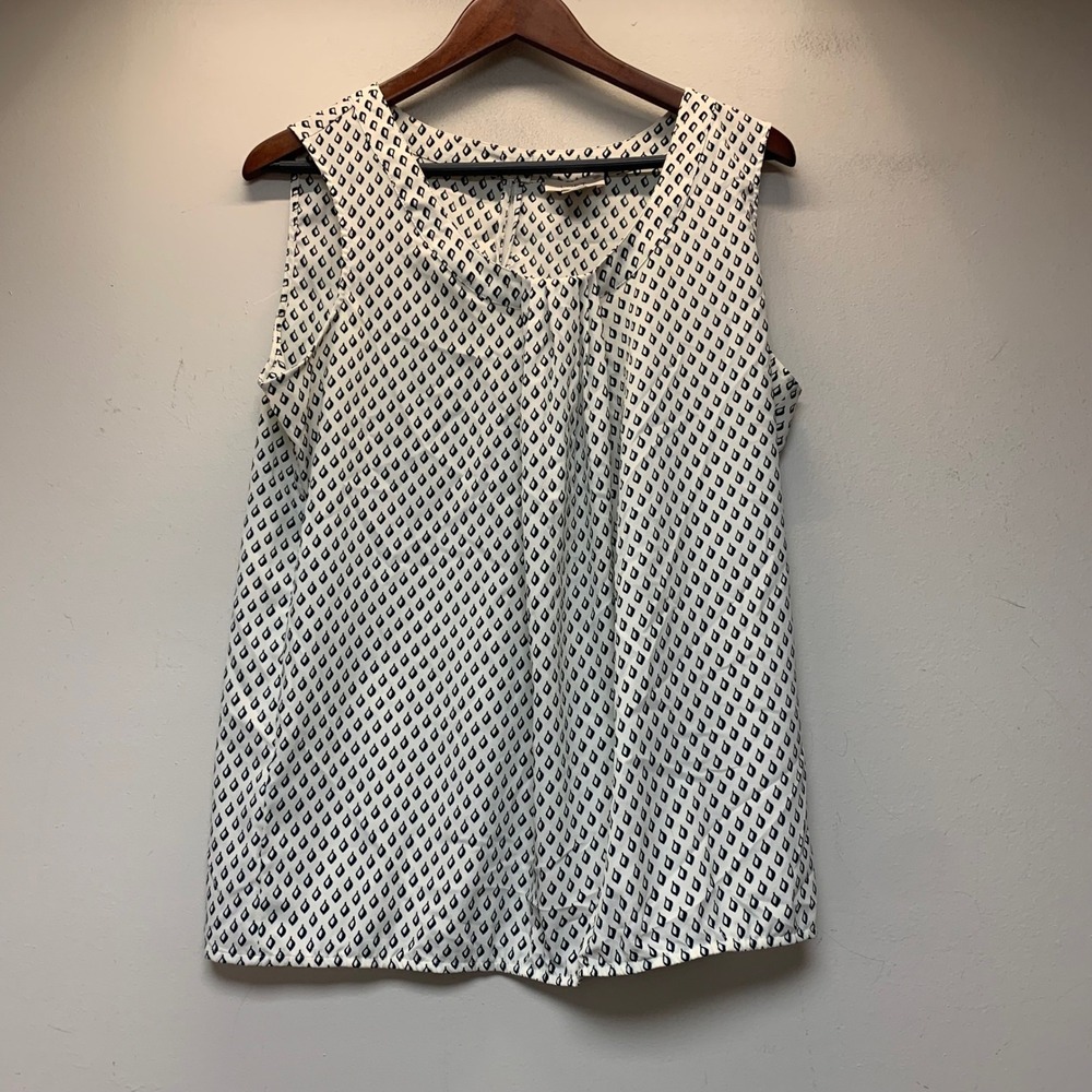 LOFT Blouse Women Large White Geometric Diamond Print V-Neck Sleeveless Top